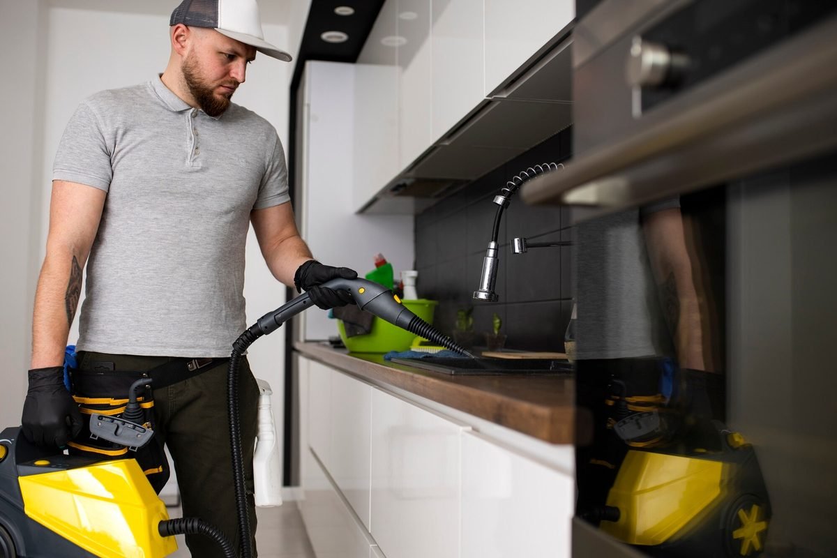 Technician steam cleaning a modern fitted kitchen during a professional deep clean